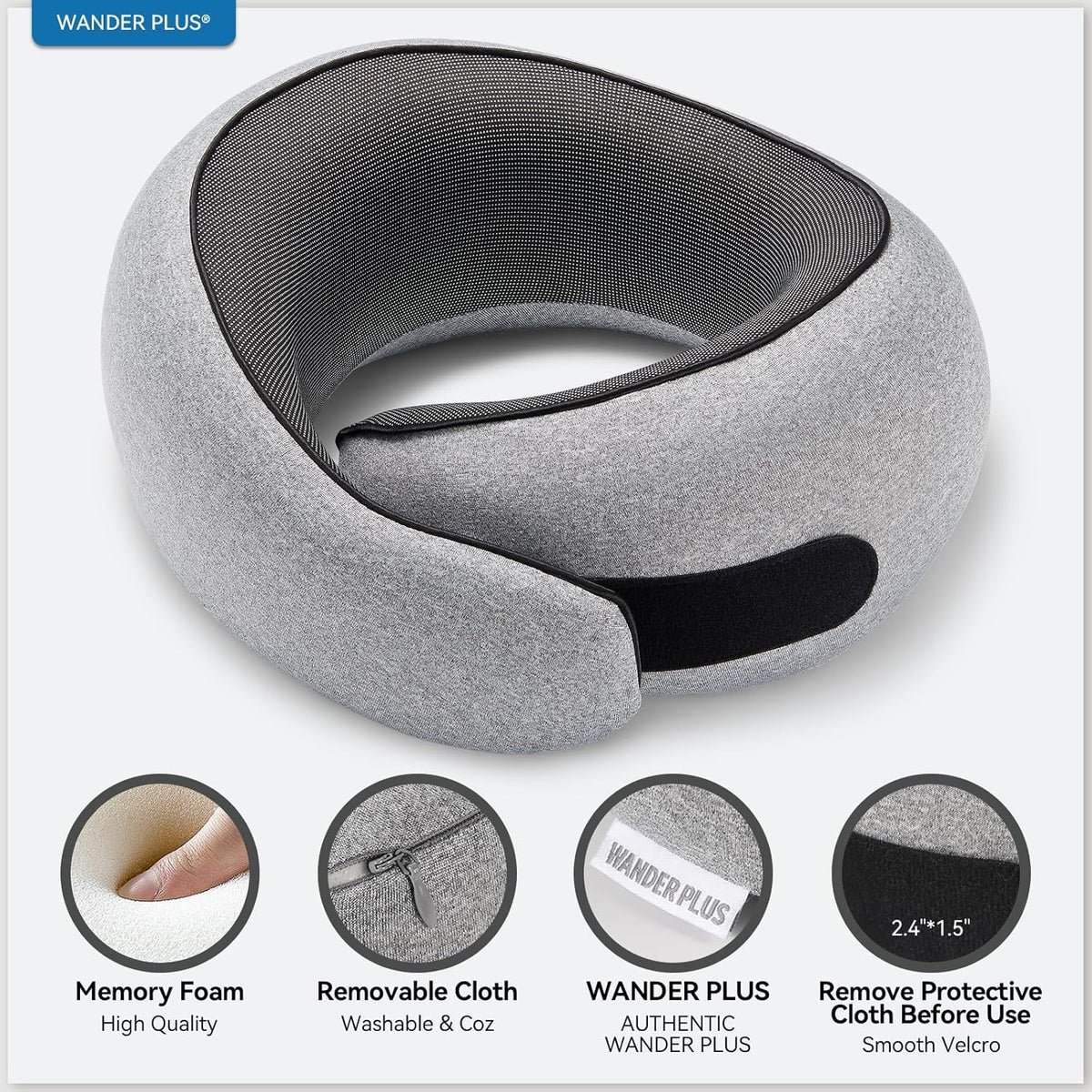 WANDER PLUS® Travel Pillow, 100% Pure Memory Foam Travel Neck Pillow Airplane Neck Support Ergonomic Design Best for Sleeping Plane Car Train Office Flight for Adults Grey