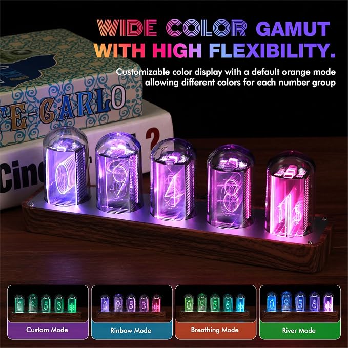 ClocTeck Nixie Tube Clock Walnut Digital Clock, Support Wi-Fi Time SYNC