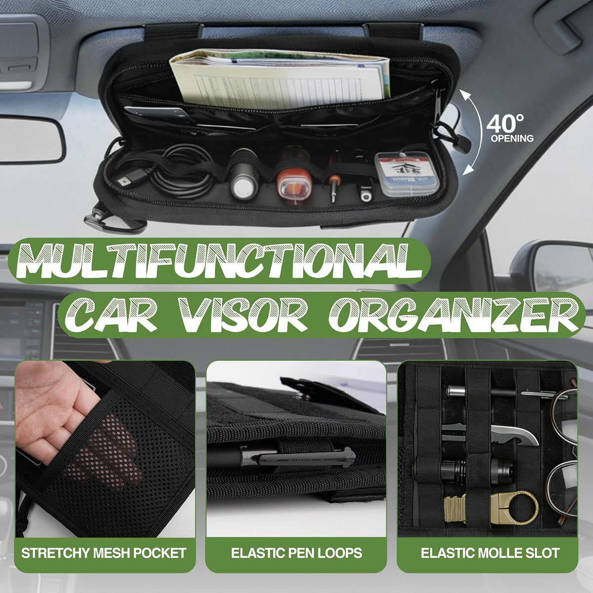 Car Sun Visor Organizer, Fits Most Cars Trucks SUV Jeeps Patrols—Black