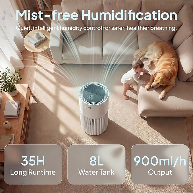 8L Evaporative Humidifier for Large Rooms up to 1000 ft²- Baby Elderly& Pet Safe Cool Evaporation, 900ml/h Output, UV Disinfection, Easy Top Fill,UltraQuiet 28dB, Smart AI Humidity Control Upgraded