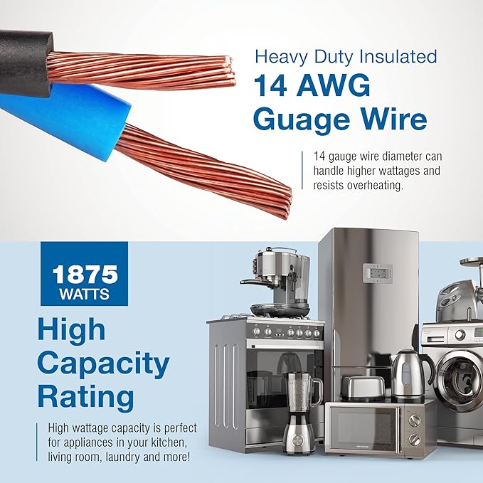 Appliance Extension Cord - 9ft Heavy Duty Gray Extension Wire for Air Conditioner, Refrigerator, & All Major Appliances - 14 Gauge High Voltage 3 Prong Flat-End Appliance Cord, for Indoor use