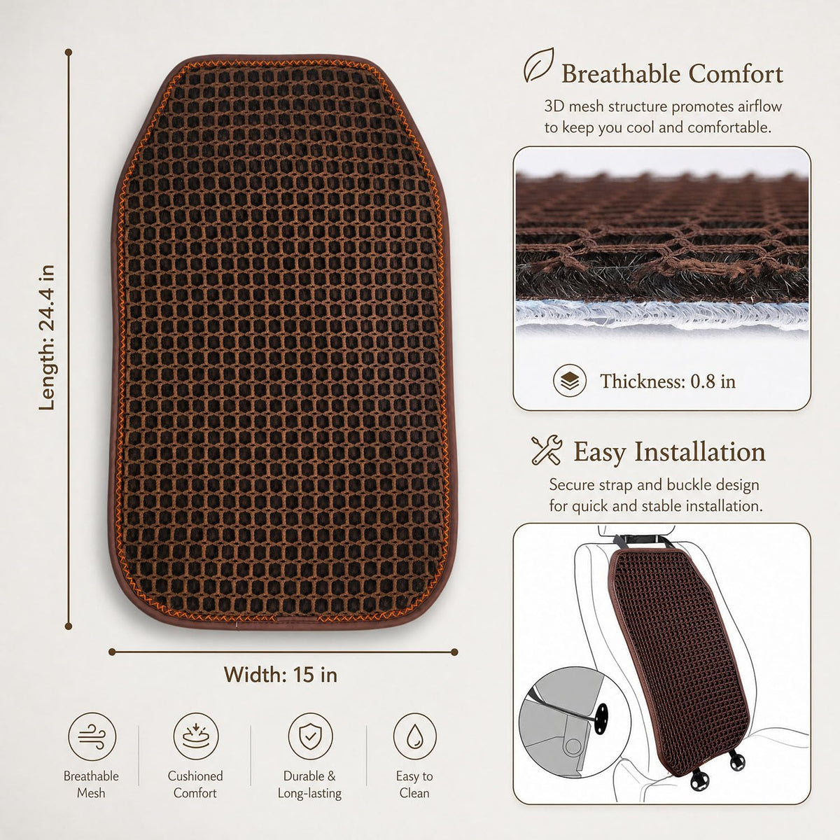 Cool and Breathable 3D air MESH car seat Cushion for Summer, Universal Ventilated Comfortable seat pad, Suitable for sedans, Vans, Pickup Trucks, and SUVs (Brown Back cushion-1PCS)