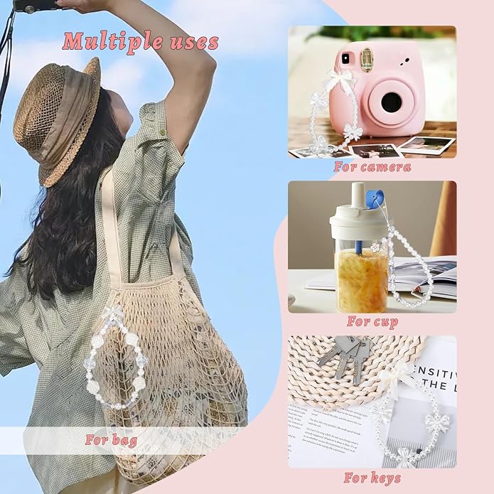 Pink Beaded Phone Wrist Straps, Y2K Phone Case Charms Camera Charm Strap