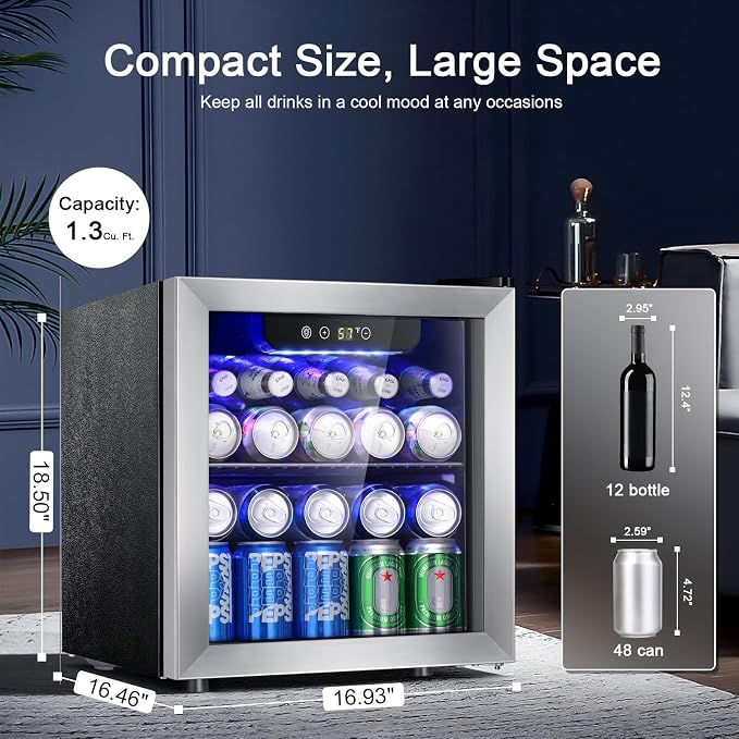 Antarctic Star 48 Can Beverage Refrigerator,12 Bottle Wine Cooler with Stainless Steel Glass Door, Digital Temperature Display,Electronic Temperature Control, Silver