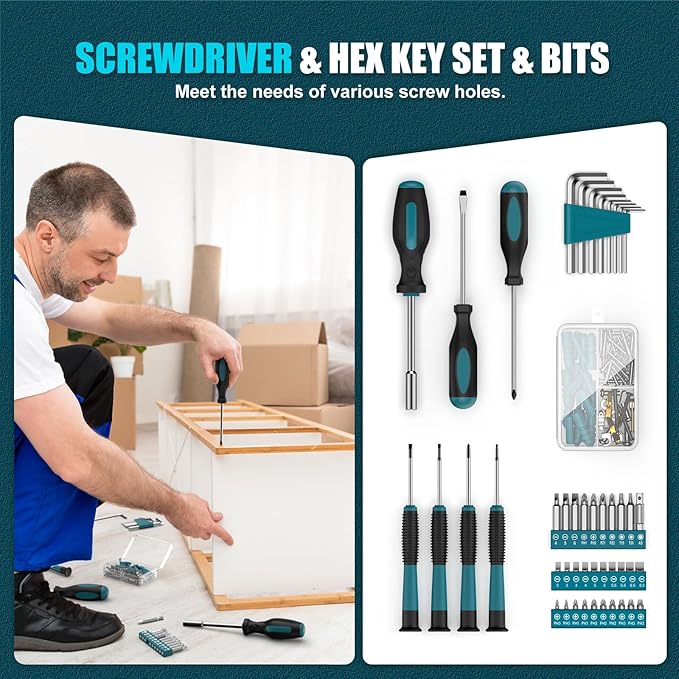 Sundpey Tool Kit 206PCs with Drill - 12V Cordless Power Drill Combo Home Tool Set - Portable Basic General Household Toolbox for Men Women for Garden Office House Repair (Screwdriver Set & Pliers Set)