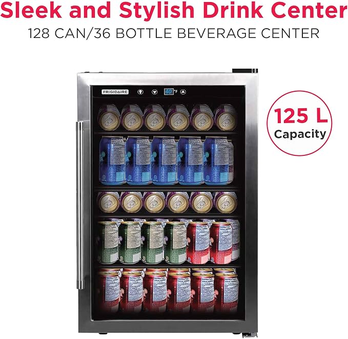 Frigidaire Beverage Refrigerator, Fridge with Glass Door, Compact Mini Fridge with Digital Temperature Control, Fits 115 Cans or 34 Bottles, 96L Capacity - 19.1" D x 17.5" W x 31.2" H