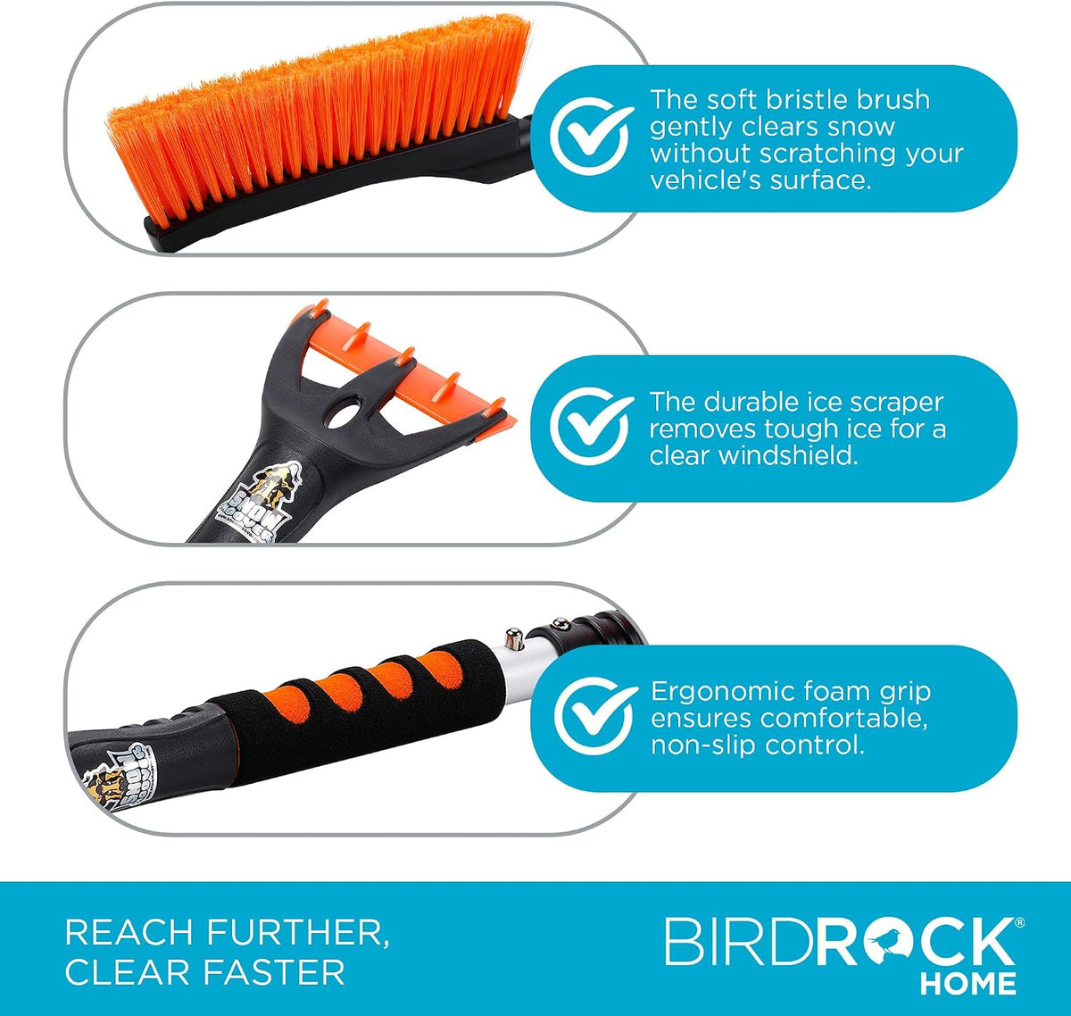 BIRDROCK HOME Snow Brush with Detachable Ice Scraper for Car - Flexible Snow Remover and Windshield Cleaning Tool with Wide Bristle Brush - Winter Sweeper for Auto, SUV - Size: 24" L x 9" W - 1 Pack