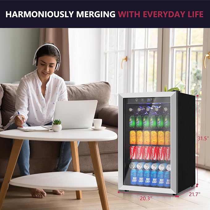 4.5 Cu.ft Beverage Refrigerator Cooler, 145 Can Mini Fridge with Digital Temperature Display for Soda Beer Wine, Freestanding beverage fridge with Adjustable Shelving for Home Office Bar