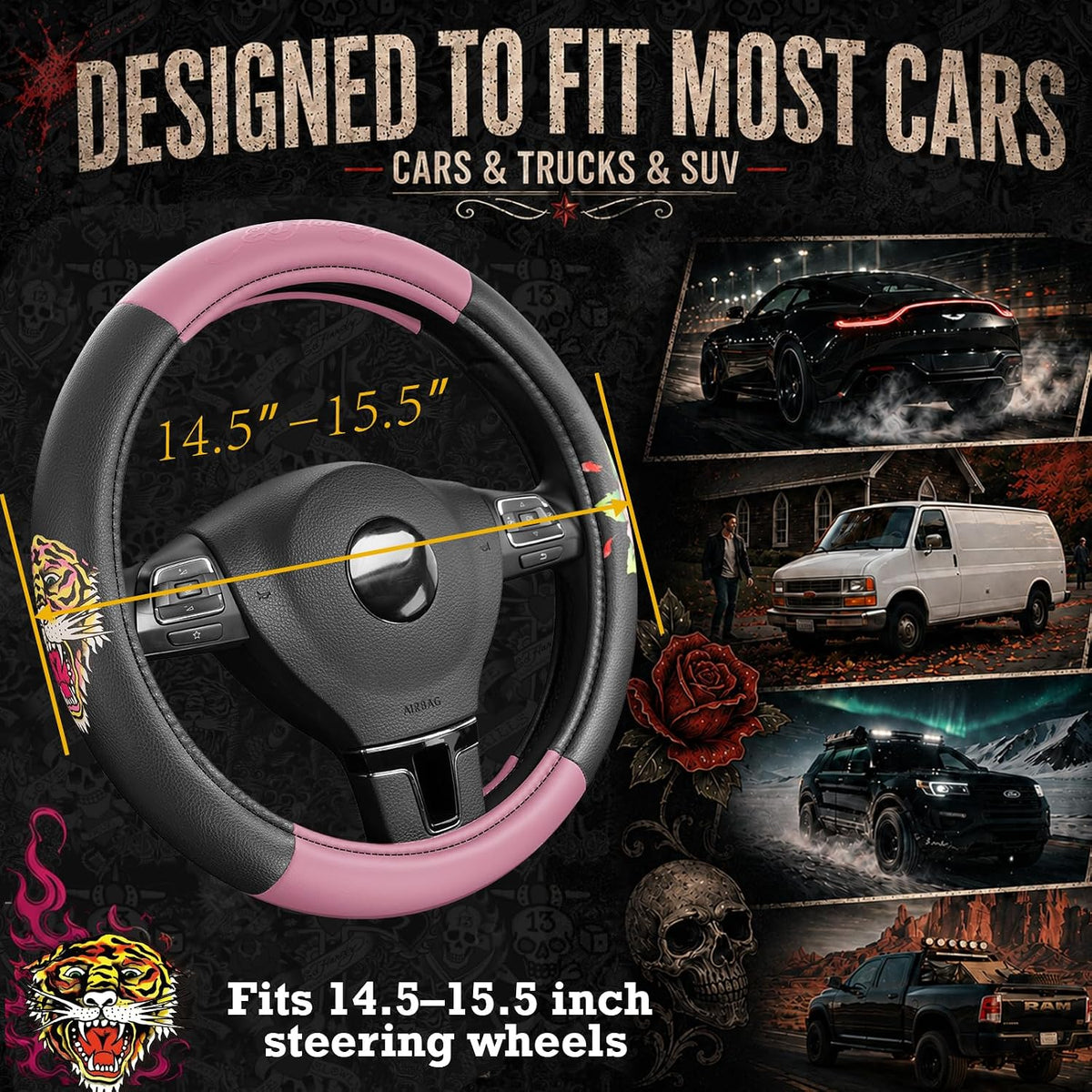 ED HARDY Tiger Print Steering Wheel Cover, Pink Leather Universal Car Streeing Cover, Fits 14.5-15.5 Inch Steering Wheels, Anti-Slip Comfortable Grip, Durable Auto Interior for Cars, SUVs, Trucks