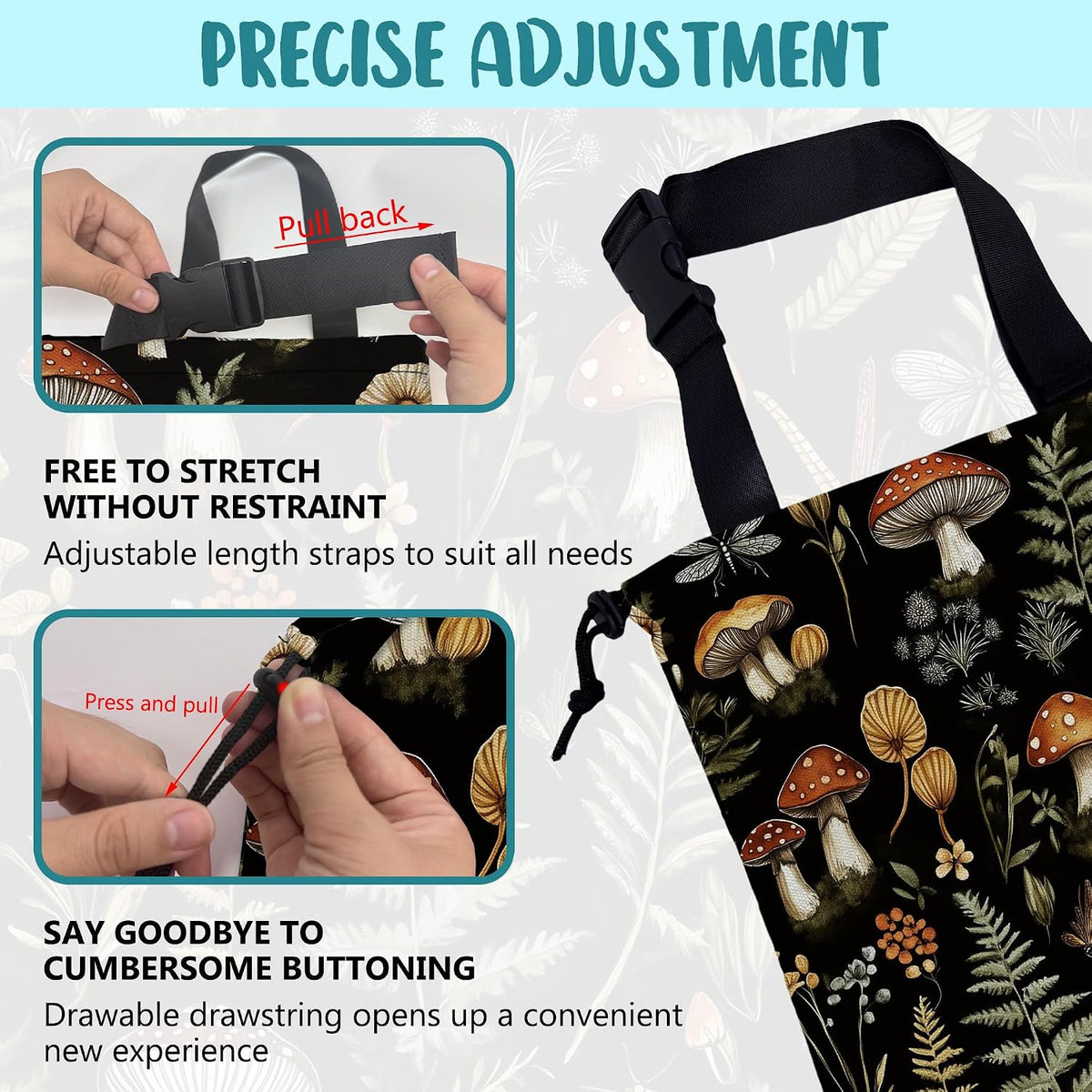 Mushroom Fern Leaves Car Garbage Bag Botanical Drawstring Car Trash Bag Hanging for Back Seat with Adjustable Buckle Canvas Vehicle Trash Can Easy-to-Install