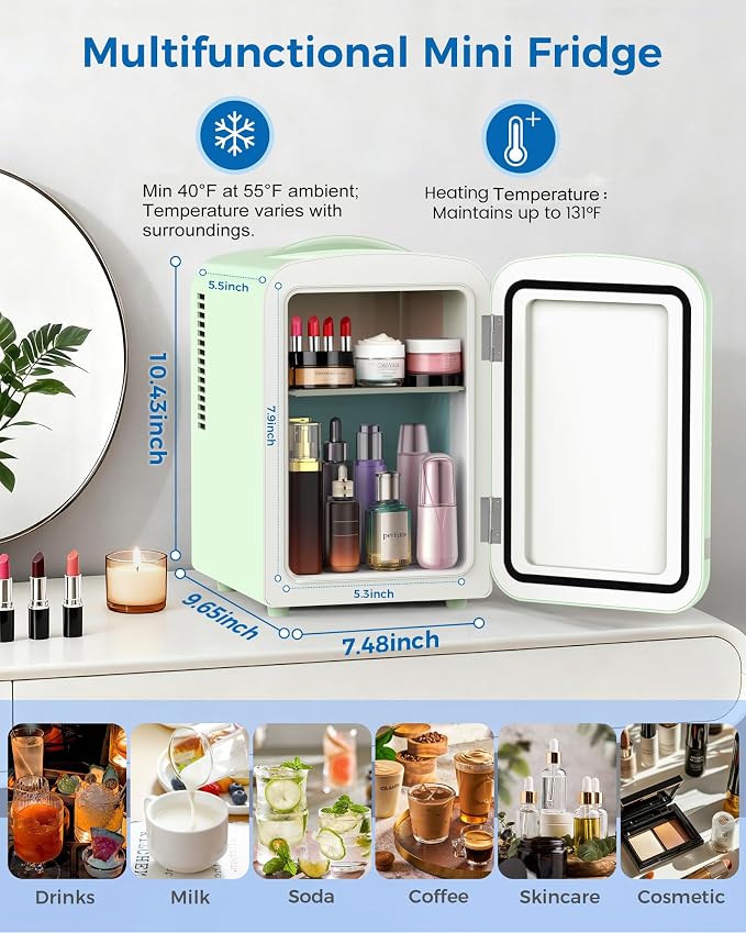 Electactic Mini Fridge for Skincare, 4L/6 Cans Portable Compact Cosmetic Fridge, Retro Desktop Fridge with AC/DC Adapters, Small Cooler and Warmer for Beverage, Makeup, Bedroom, Office, Kids, Green
