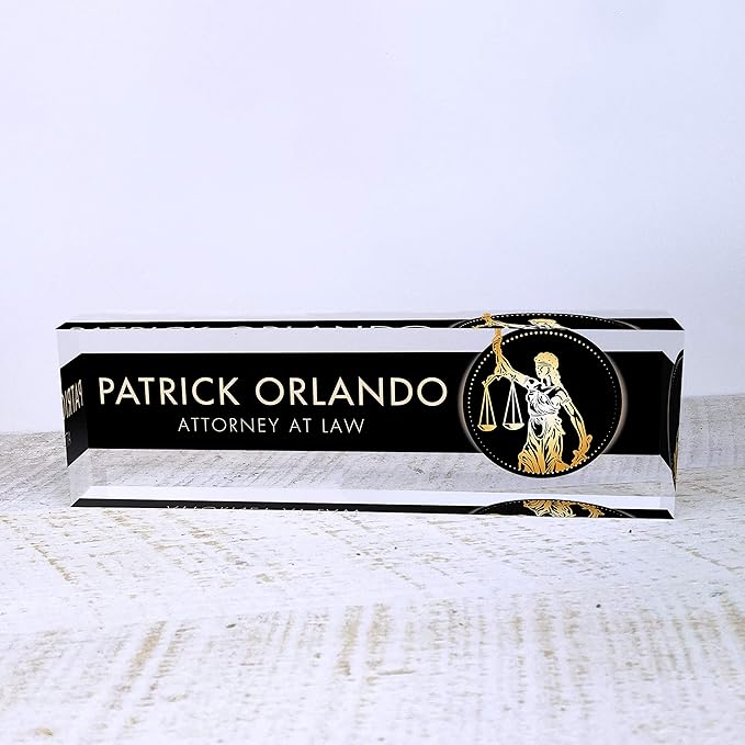 Artblox Personalized Office Desk Name Plate and Business Card Holder | Clear Acrylic Glass with Teak Wood Stand | Lawyer Design Customized with Your Name and Credentials Office Desk Decor