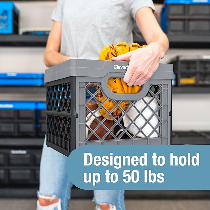 CleverMade Collapsible Milk Crate 25L (6.6 Gal) 3 Pack, 50 lb Capacity Heavy Duty Folding Crate – Stackable Storage Crates with File Rails, Plastic Collapsible Crates - Stone