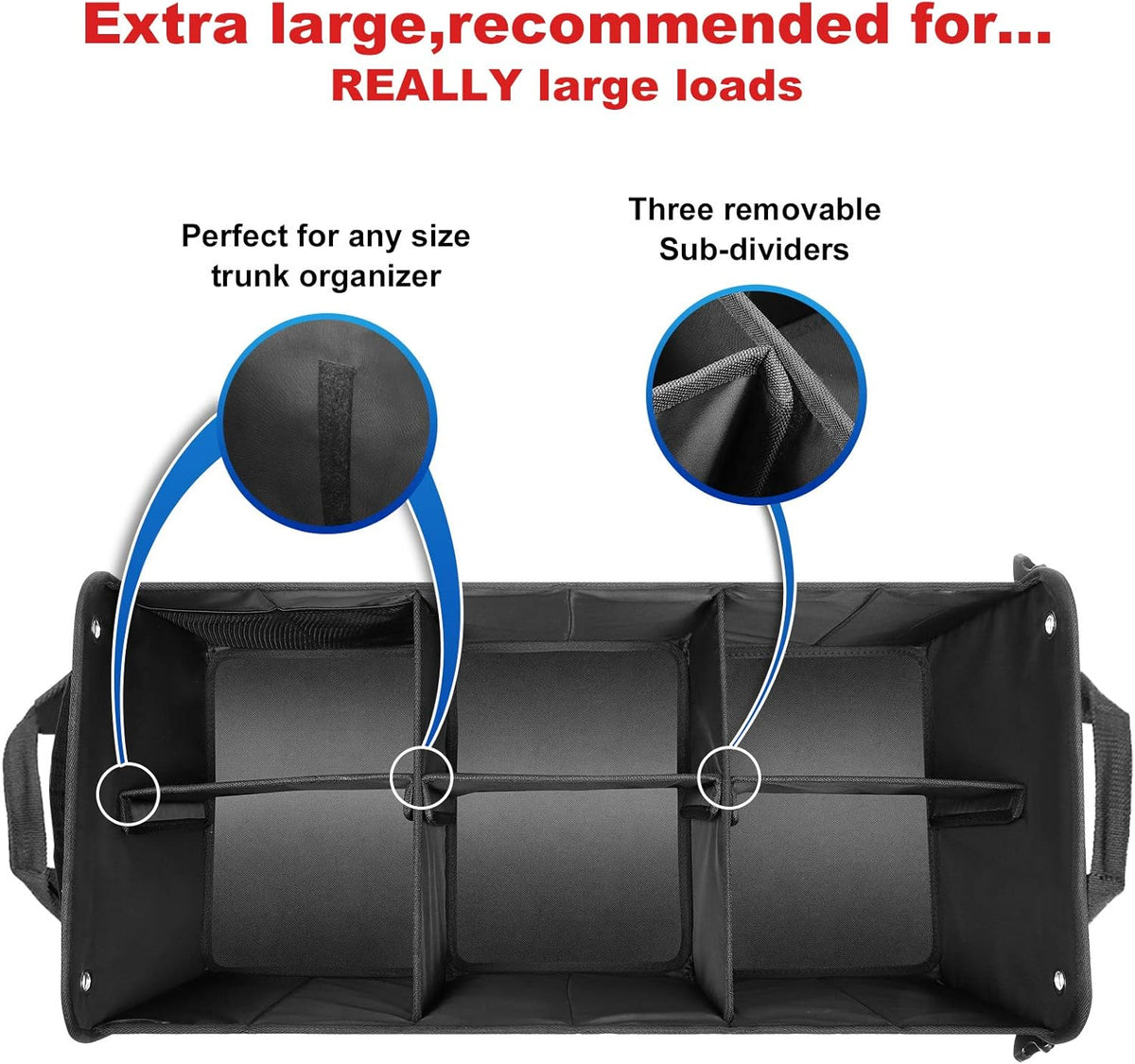 HAOKAY Car Trunk Organizer with Lid，Heavy Duty Extra Large Premium Black Oxford Multi Compartments Collapsible trunk organizer for SUV, Van, Truck, Sedan, Jeep （90L
