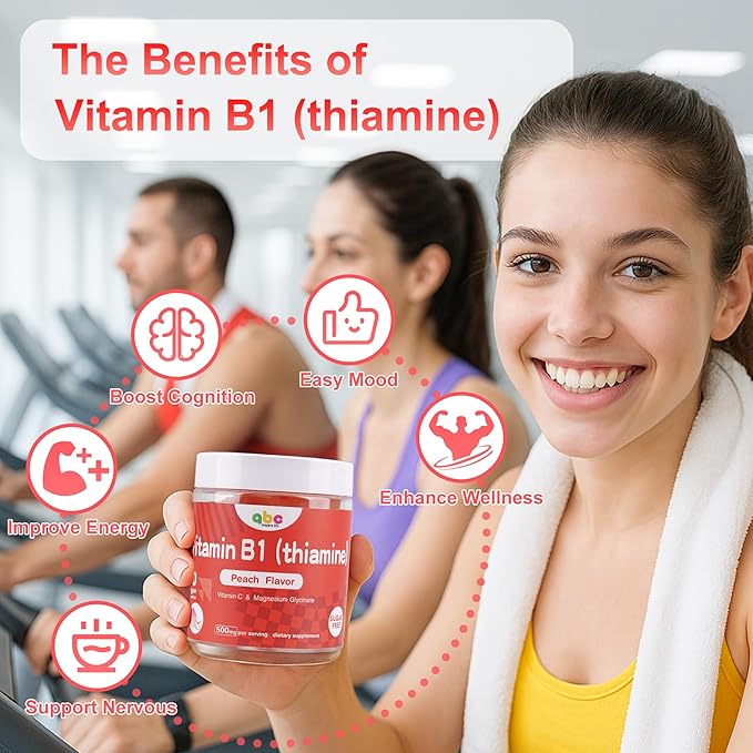 Vitamin B1 Gummies 300mg for Adults & Kids,Chewable Thiamine B1 Supplement with 150mg Magnesium,Nervous System Healthy Energy,Natural Peach Flavor,Non GMO,Vegan 60 Count Sugar-Free 1-Month Supply
