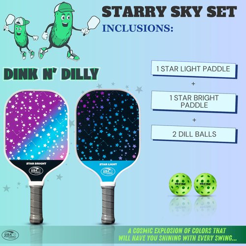 Dink N' Dilly Pickleball Paddle Set - USAPA Approved, Lightweight with Cushion Grip, Includes 2 Pickleball Paddles & 2 Balls, Premium Quality for All Skill Levels and Competitive Play