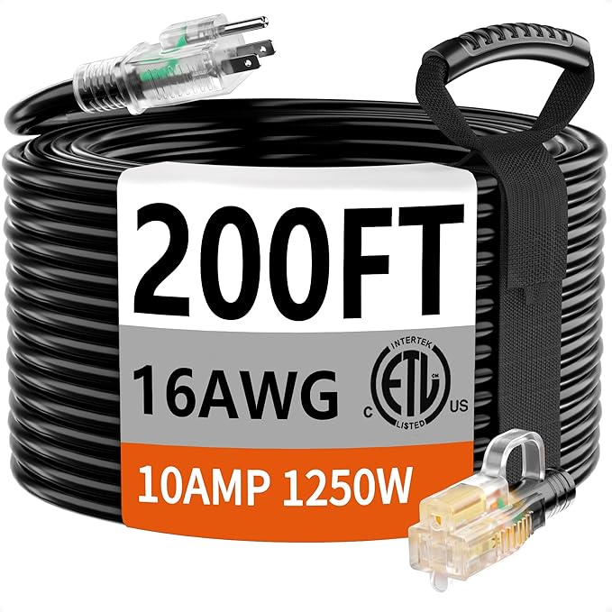 HUANCHAIN 200 ft 16/3 Gauge Extension Cord Outdoor Waterproof with Lighted end, Flexible Cold-Resistant 3 Prong Long Black Extension Cord Outside, 10A 1250W 16AWG SJTW, ETL