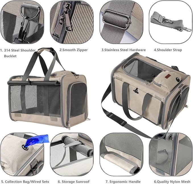 Small Dogs Carriers Airline Approved Khaki Softside Cats Carrier Travel Bag for Medium Large Cats,Puppies,with Large Pocket,Sunshade Curtains,Privacy Protection,Breathable,Outdoor