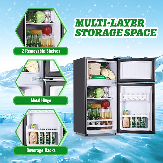Mini Fridge with Top Freezer Apartment Size Dual Door Compact Small Refrigerator for Personal Use Small Mini Fridge with Egg tray, 7 Temperature Control For Dorm, Apatmet, Dark Grey