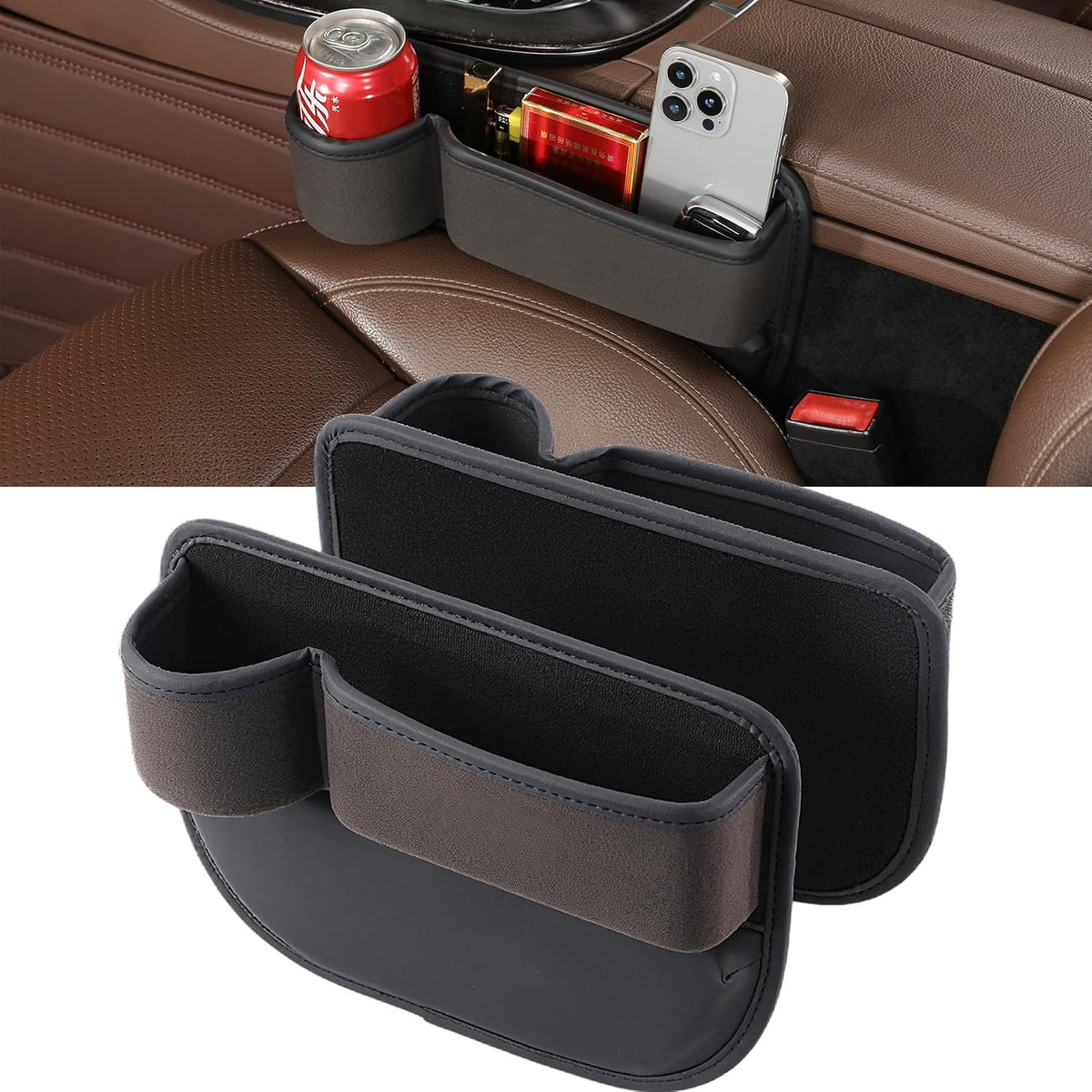 2 Pack Car Seat Gap Filler with Cup Holder, Suede Car Seat Gap Plug with Storage Slot for Filler Between Car Seat and Console, Universal Fit Sedans, SUVs, MPVs, Most Vehicles (Black)