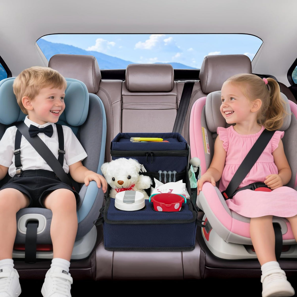 Backseat Organizer for Kids & Adults – Car Seat Cooler Warmer with 2-in-1 Writing Tray, Cup Holders & 11 Storage Compartments | Road Trip Car Organizer for Front & Back Seat (Black) (Navy Blue)