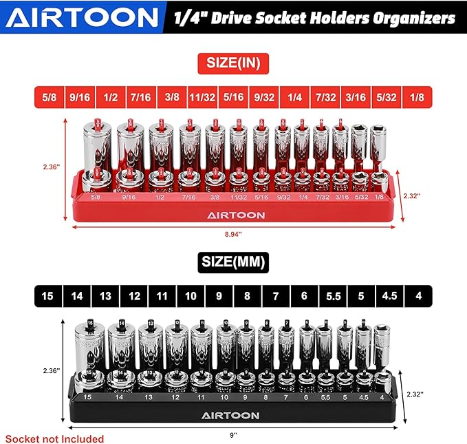 AIRTOON 1/4-Inch & 3/8-Inch Drive Socket Organizer Trays, 4-Piece SAE and Metric Socket Tray Set, Deep and Standard Socket Holders Organizers for Toolbox, Black & Red