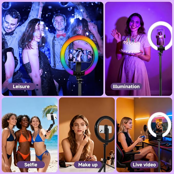 10" Ring Light with Stand 74'' Tall & Phone Holder, RGB Full Color Modes Selfie
