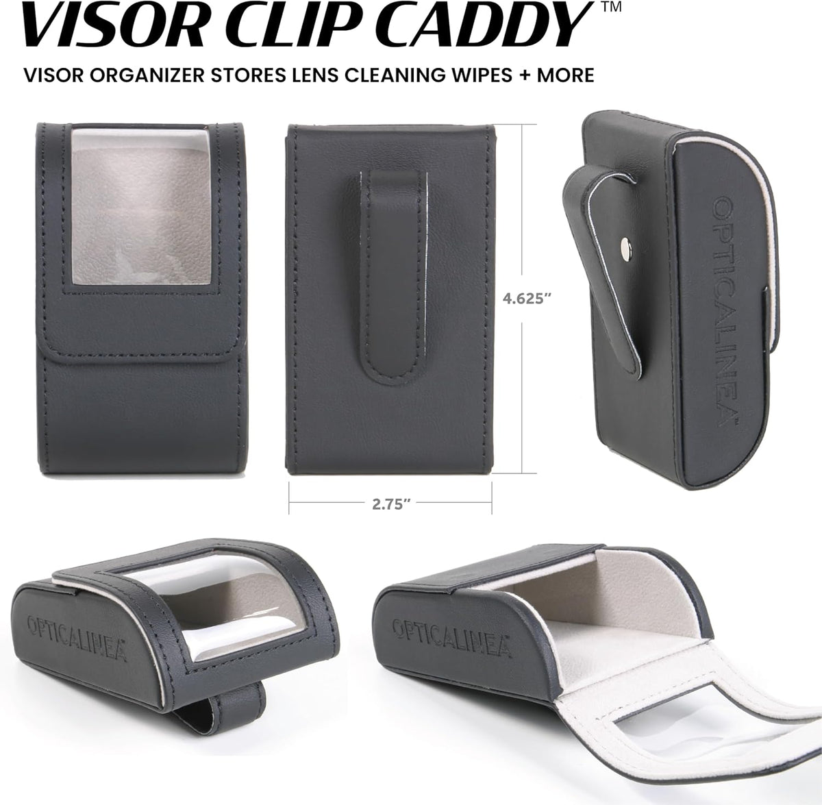 Visor Clip Caddy Vegan Leather Storage CASE for Eyeglass Wipes, Anti-Fog Wipes, Cleaning Wipes and Accessories with Easy Access Quick Release SELF Closing Magnetic Closure – Black