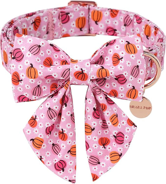 Halloween Pumpkin Dog Collar with Bow Tie, Pink Halloween Puppy Bowtie Collar with Adjustable Metal Buckle,Fancy Dog Collar Bowtie for Girl Boy Dog,S