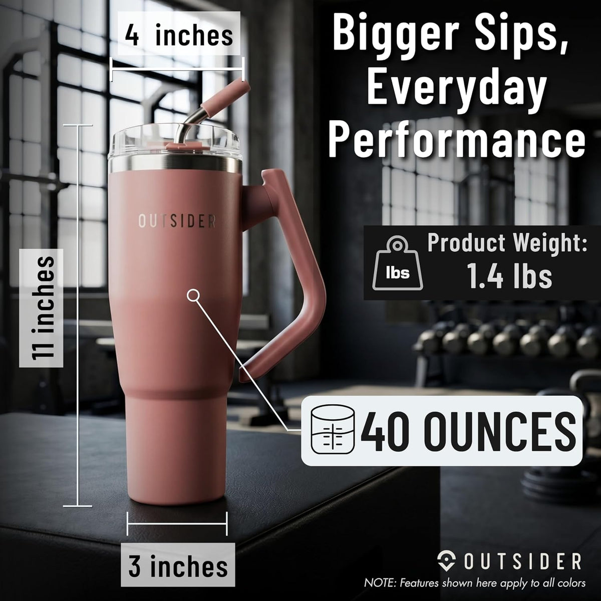 OUTSIDER The Everyday 40 oz Stainless Steel Vacuum Insulated Tumbler with Straw, Lid & 180° Swivel Handle for Easy Carrying – Leak Proof Tumbler for Home, Office, Gym, & Outdoors (Cobblestone)