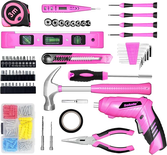 SOLUDE Pink Tool Set,130 Piece Home Tool Kit for Women with 3.6V Cordless Rechargeable Screwdriver,Basic Household Tool Kit Set for New Home,Apartment,College Dorm & DIY Projects