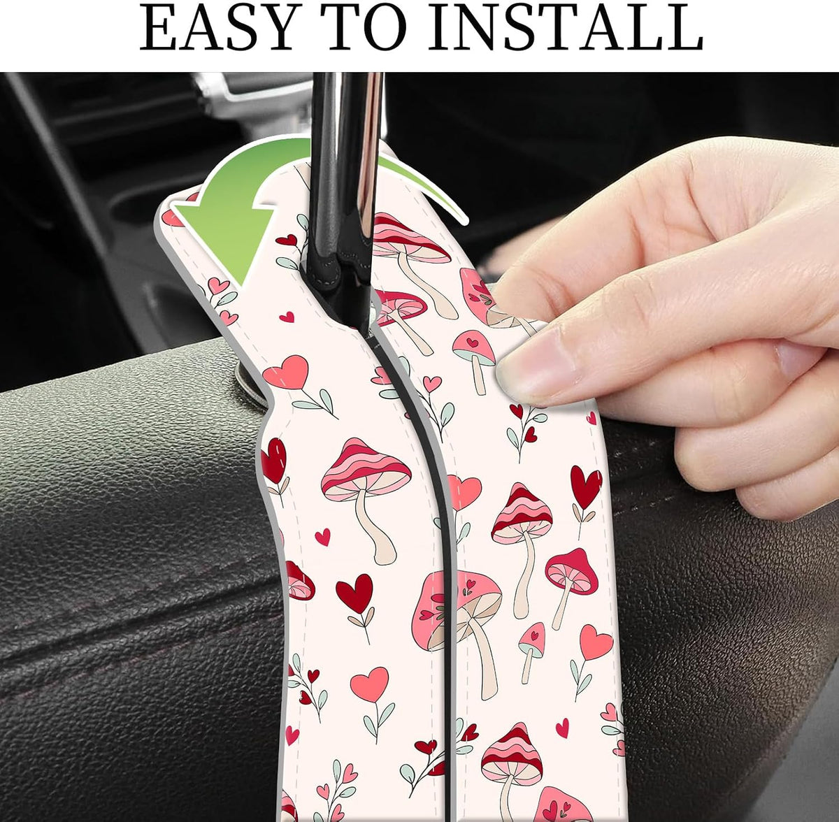 PU Leather Car Seat Hook, Storage Headrest Hanger, Cute Car Backseat Organizer, Car Hooks For Purses and Bags Cute Pink Mushroom
