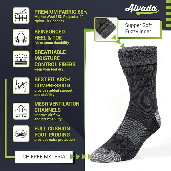 Alvada Warm Thermal Wool Socks for Winter Moisture Wicking and Breathable Cozy Boot Socks