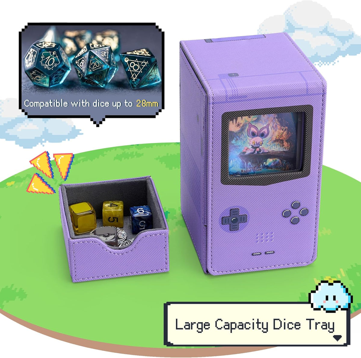 Venssu Retro Gaming Console - MTG Deck Box with Dice Tray & Commander Display | PU Leather for 120 Cards (Purple)