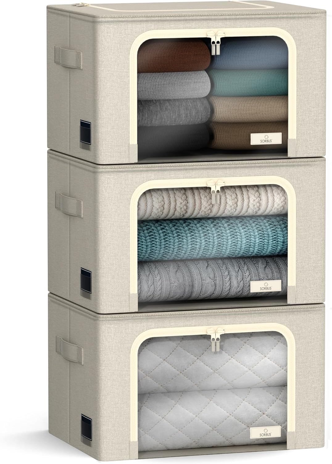 Sorbus Storage Bins with Metal Frame - Stackable & Foldable Clothes Organizer Bags - Oxford Fabric Storage Containers with Large Clear Window & Carry Handles Organization for Bedding Linen & Clothing