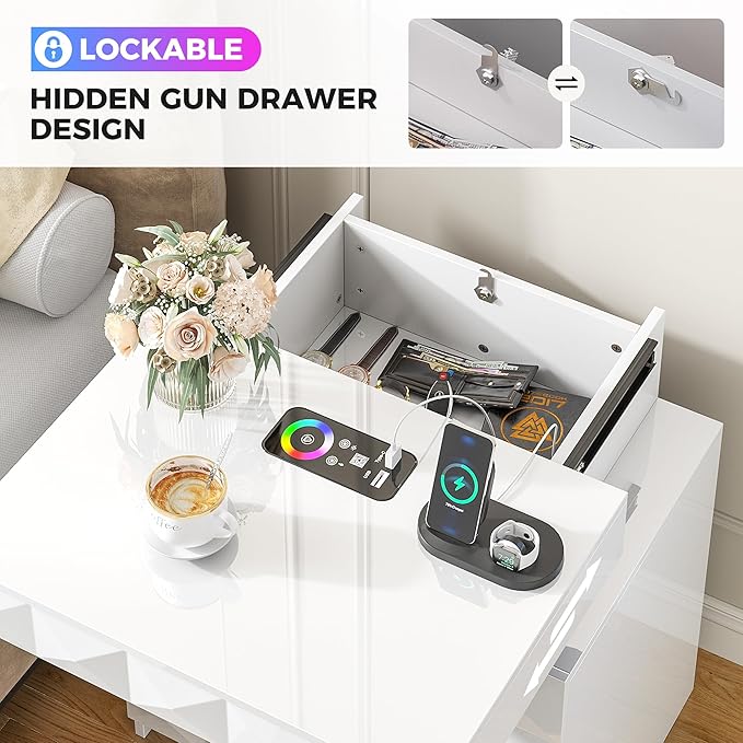 LED Nightstand with Charging Station,3 Drawers Night Stand with Lockable Hidden Storage,Smart Bedside Table with Human Sensor RGB Lights for Bedroom,White