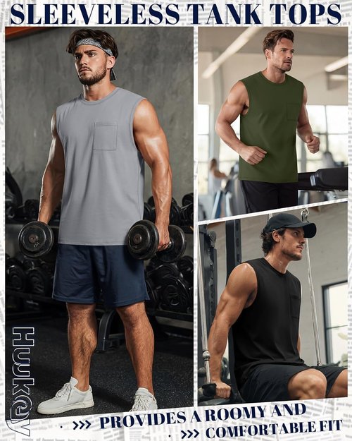 Huukeay Men's Big & Tall Sleeveless Tank Tops - 3 Pack Cotton Muscle Shirts for Gym & Casual Wear