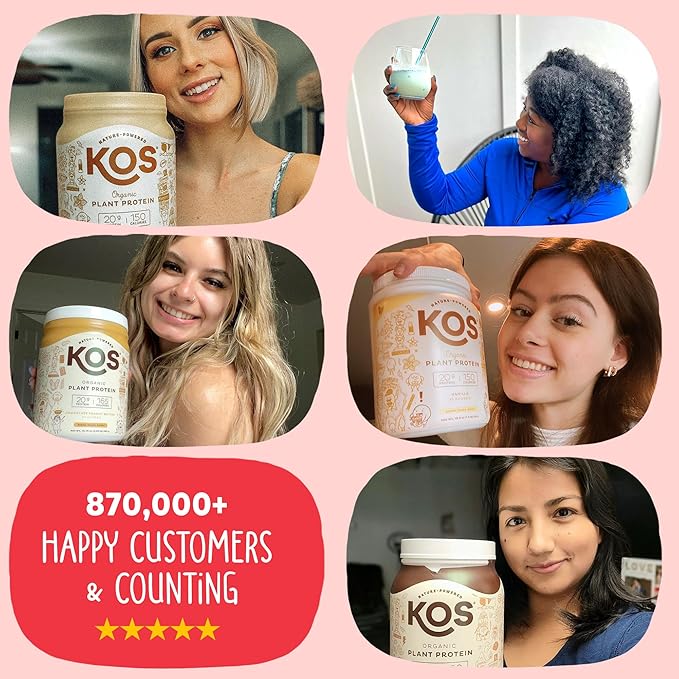 KOS Vegan Protein Powder, Strawberry and Cream Organic Pea Protein Blend, Plant Based Superfood with 12 Vitamins and Minerals, Made Without Dairy - Meal Replacement for Women & Men, 15 Servings