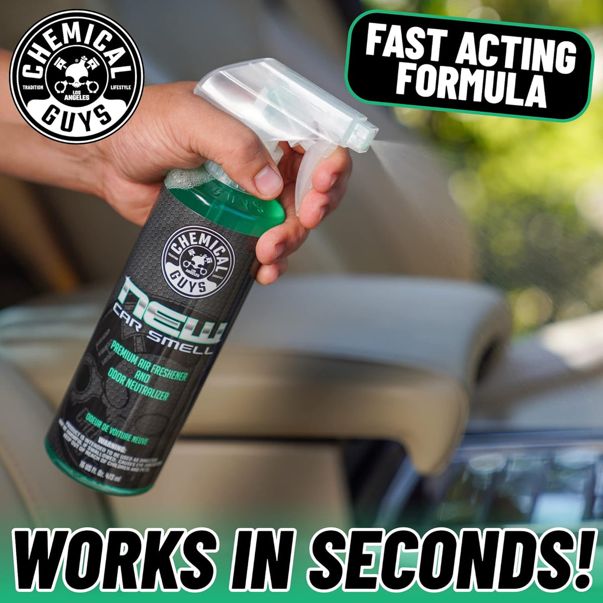 Chemical Guys, New Car Smell Air Freshener & Odor Neutralizer Spray, 16 oz | Refreshes interiors with a new car scent while neutralizing odors, adjustable spray strength for any vehicle