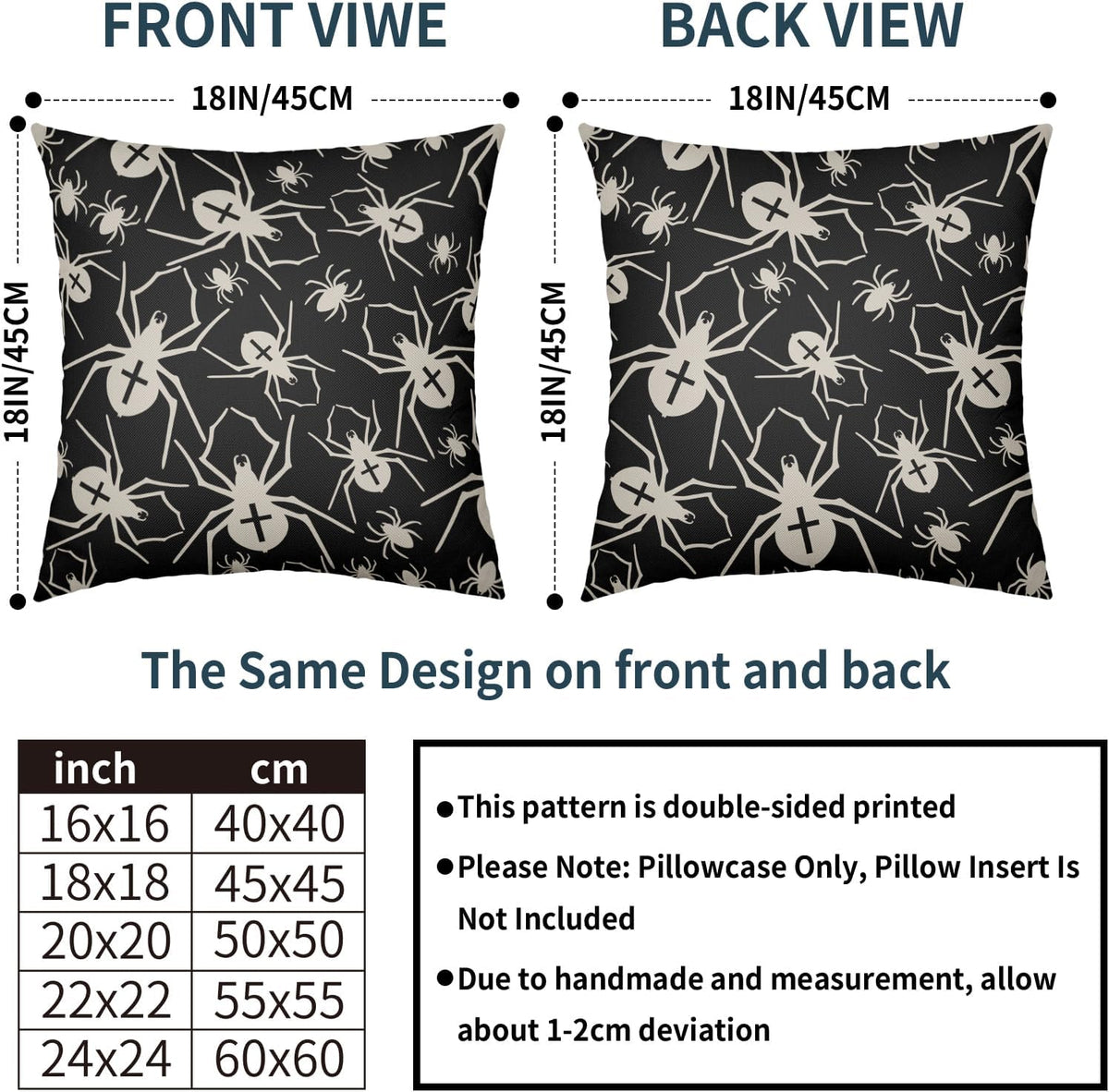 Black Halloween Pillow Covers 18x18 Set of 2 Cream Spider Print Outdoor Decorative Throw Pillows Holiday Scary Themed Farmhouse Pillowcases Linen Cushion Case Decor for Home Sofa Couch Bed