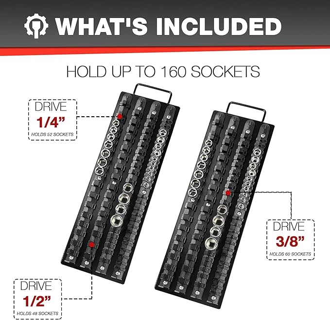 160Pcs ABS Socket Organizer Driver Socket Holder，ABS Tools-Socket Holder，1/4-Inch x 52 Clips，3/8-Inch x 60 Clips, 1/2-Inch x 48 Clips，Premium Quality Socket （2 Pack）