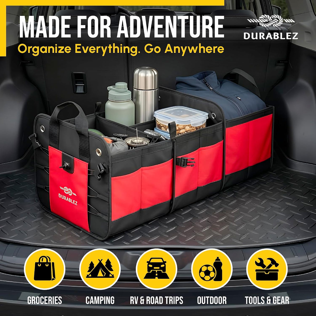 Large Car Trunk Organizer, Modular & Collapsible, 3 Compartment, Red