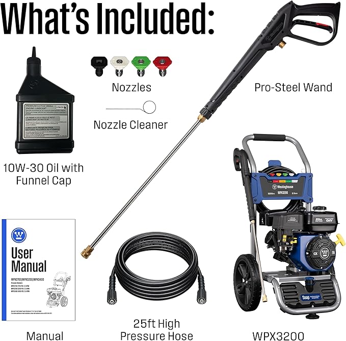 Westinghouse WPX3200 Gas Pressure Washer, 3200 PSI and 2.5 GPM, Onboard Soap Tank, Spray Gun and Wand, 5 Nozzle Set, for Cars/Fences/Driveways/Homes/Patios/Furniture