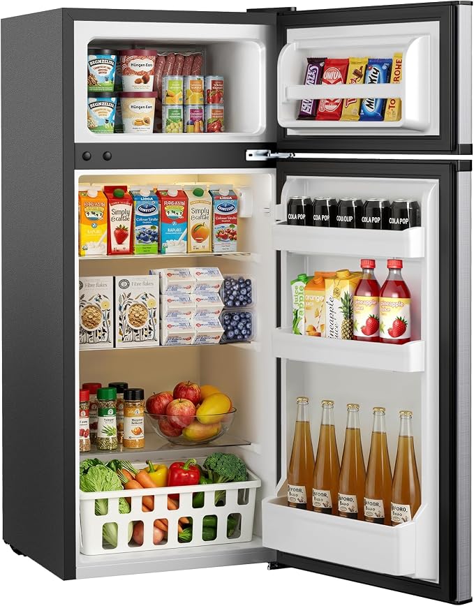 4.5 Cu.Ft Mini Fridge with Freezer, 2 Doors Small Fridge with Adjustable Thermostat & Removable Glass Shelves, Small Refrigerator for Kitchen Office Dorm, Quiet Operation, Silver