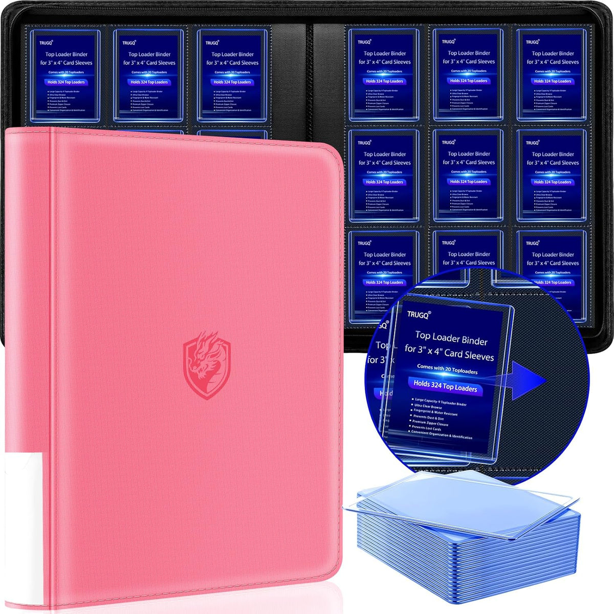 Toploader Binder - Holds 324 Toploaders | Waterproof PU Leather & Anti-Yellowing Inserts | Portable Card Organizer for Sports & Game Cards