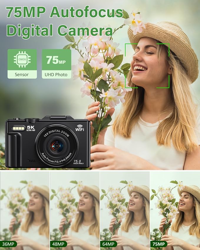 5K Digital Camera for Photography, 75MP WiFi Vlogging Camera for YouTube