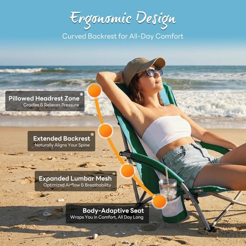 NEWBULIG Low Beach Chair - Portable Folding Camping Chair with Cup Holders & Carry Bag | Extra Wide Seat, Blue