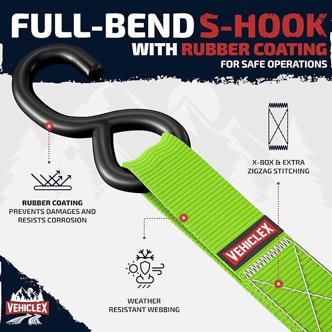 Ratchet Tie Down Straps (1,800 lbs Break Strength) - Vehiclex 15 Ft Versatile Straps for Powersports, Garage, and Outdoor Use - Soft Loops, Deep S-Hooks & Comfort Grip Handle (4 Pack, Green)
