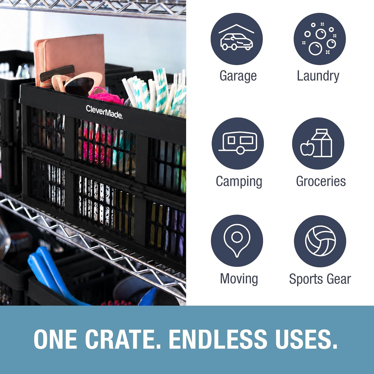 CleverMade Collapsible Utility Crate (Recycled) - 45L - Obsidian (3PK)