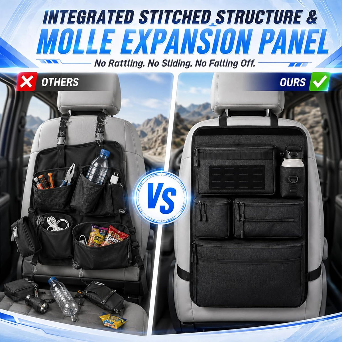 Tactical MOLLE Car Seat Back Organizer, Universal Vehicle Backseat Storage Organizer with Detachable Pouches, Multi Pockets Car Travel Essentials Accessories, Fit Car Truck SUV Jeep